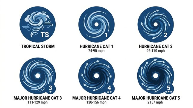 Detailed weather radar imagery showing tropical storm and multiple hurricane categories in progression.