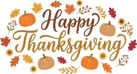 Happy Thanksgiving cursive typography banner with autumn pumpkins and sunflower frame © Hafsa