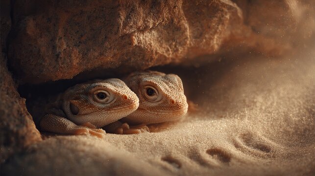 Two small lizards resting together under a rocky overhang in the soft warm desert sand