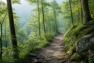 Naklejka premium A dirt path winds through a misty, lush green forest on an overcast day.