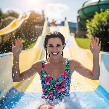 Smiling Young Woman Splashing at Sunny Water Park Slide