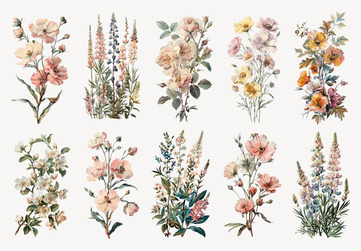Vintage Floral Botanical Illustration Collection Design Set