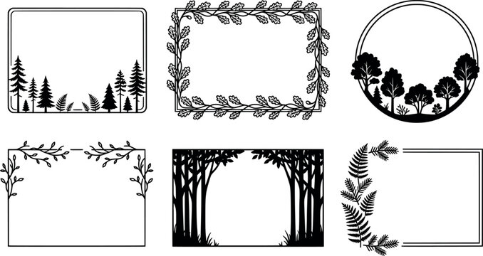 Set of nature themed frames with trees, forests, and leaves transparent background