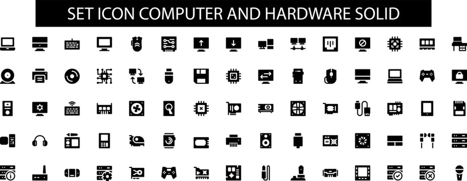 Comprehensive set of solid black vector icons showcasing various computer devices, digital hardware components, and peripheral electronics for technology design