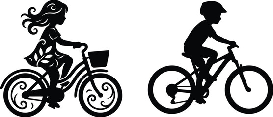 Obraz premium Children Riding Bicycles Silhouette Set with Boy and Girl CyclistsChildren Riding Bicycles Silhouette Set with Boy and Girl Cyclists