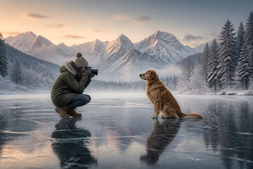 Obraz premium A person taking a photo of a golden dog on a frozen, misty lake surrounded by snow-covered mountains at sunrise or sunset.