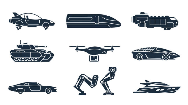 Flying Hover Car Profile and Maglev Train Car Grid Asset Sheet for High-Tech Retro-Futuristic Transit Manuals
