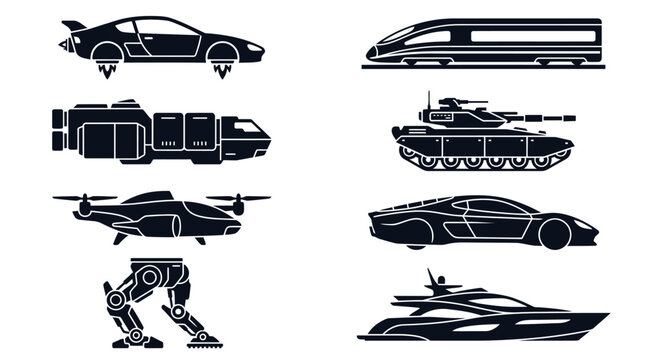 Flying Hover Car Profile and Maglev Train Car Grid Asset Sheet for High-Tech Retro-Futuristic Transit Manuals
