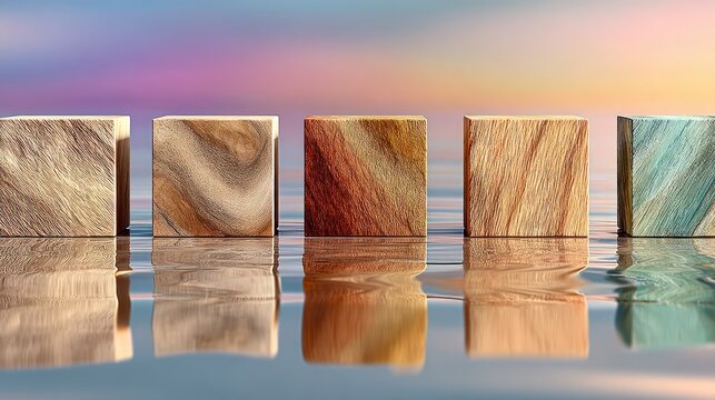 Row of five textured wooden cubes reflecting in calm water at sunset
