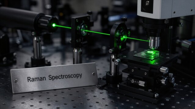 Raman spectroscopy setup with green laser light and labeled equipment for scientific research and analysis in a lab setting