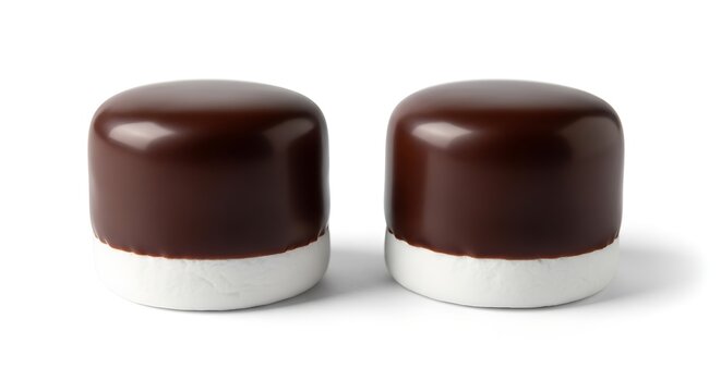 Glossy Chocolate Covered Marshmallow Candy Arranged on White Background