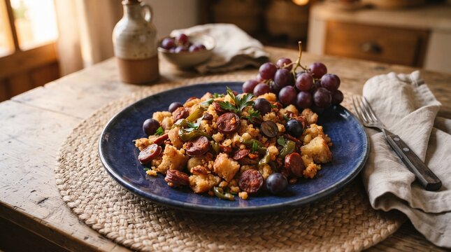 Extremaduran migas chorizo grapes seasonal harvest food photography