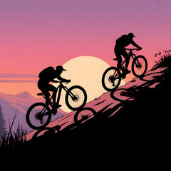 Fototapeta premium Silhouette of mountain bikers climbing uphill during vibrant sunset landscape with orange purple hues.