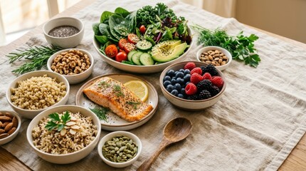 Fototapeta premium Healthy Vegetarian Meal with Fresh Vegetables and Grains on a Wooden Table.