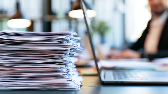 Office Administration Workload with Documents and Digital Records Processing Large stack of printed documents beside a laptop on a modern office desk, representing administrative t