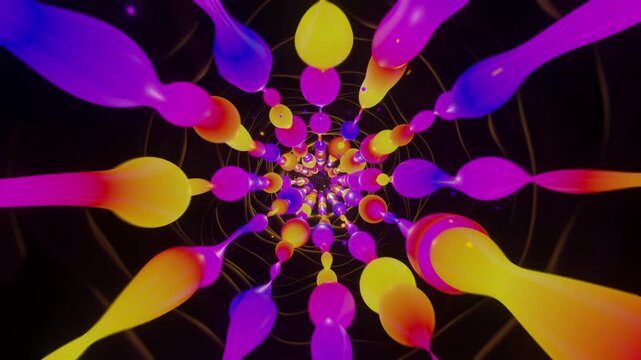 Hypnotic seamless loop of a futuristic organic tunnel. Abstract digital vortex made of twisting biomorphic shapes, liquid drop structures and floating particles, creating deep micro world perspective