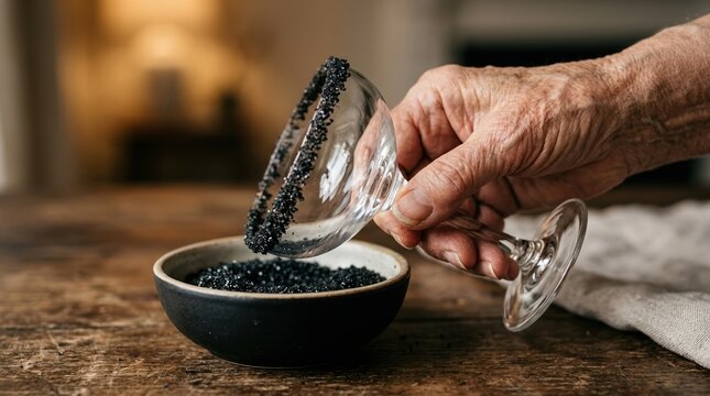 Elderly person rimming a cocktail glass with black salt for a sophisticated Halloween party drink preparation on a rustic wooden table
