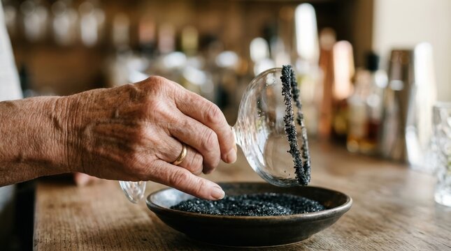 Senior bartender rimming a cocktail glass with black salt in a rustic bar setting, professional mixology preparation for a sophisticated craft drink concept