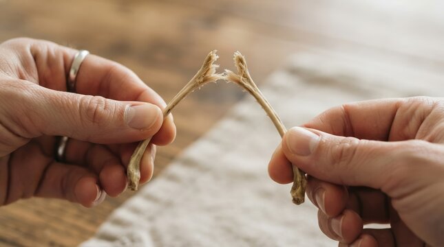 Two adults pulling apart a chicken wishbone for good luck, traditional thanksgiving ritual, close up shot of hands breaking a furcula bone for a wish