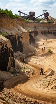 Motocross Riders Racing on Sandy Track in Abandoned Quarry
