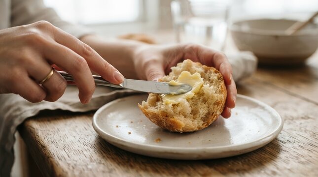 Young woman spreading fresh butter on a warm crusty bread roll for breakfast, close up shot of hands preparing a rustic homemade meal in a cozy kitchen setting