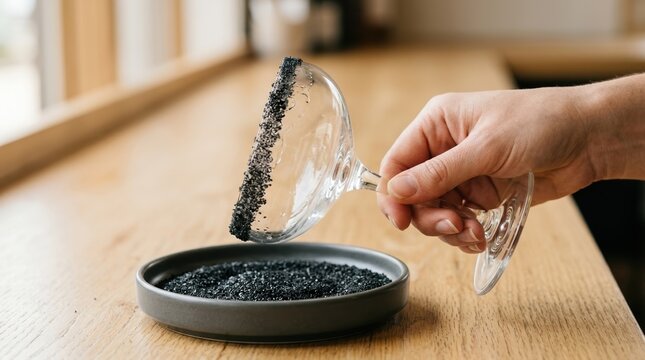 Hand rimming a cocktail glass with black sugar crystals for a gothic or halloween themed drink preparation on a wooden bar counter