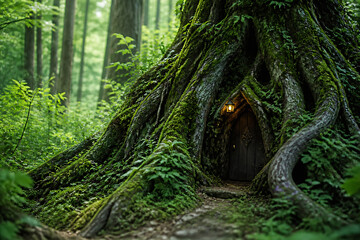 Obraz premium A moss-covered, ancient tree with a dark wooden doorway nestled in its roots within a dense, misty forest.