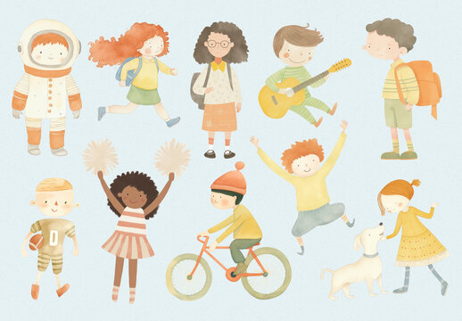 Playful Children In Diverse Activities Element Design Set