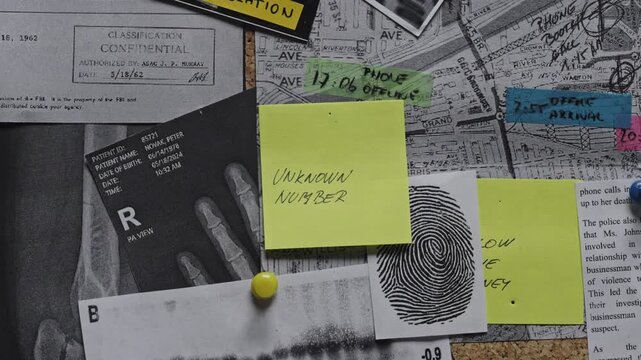 Close-up of a detective placing a handwritten reminder note among forensic evidence, emphasizing investigative reasoning and methodical crime analysis.
