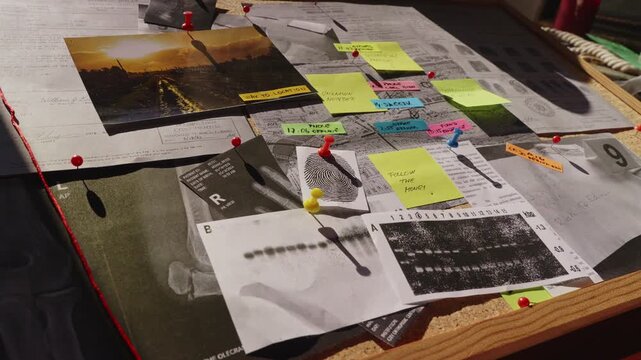 Medium side shot of a detective adding fingerprint evidence to an investigation board, advancing a criminal case through forensic analysis and visual clue mapping.