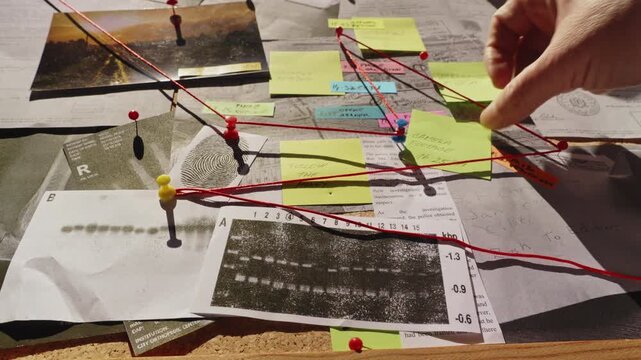 Side shot of a detective organizing evidence with sticky notes and red string, illustrating analytical thinking, criminal investigations, and conspiracy-style storytelling.