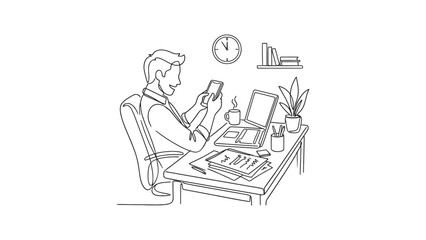 Obraz premium Continuous line drawing of a man sitting at a desk working on a laptop and checking his smartphone.