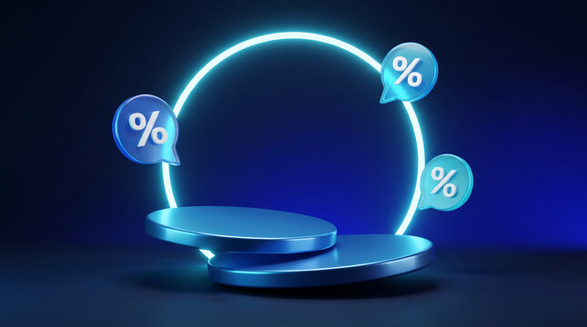 Product Display Podium with Glowing Percentage Symbols in a Modern Dark Studio