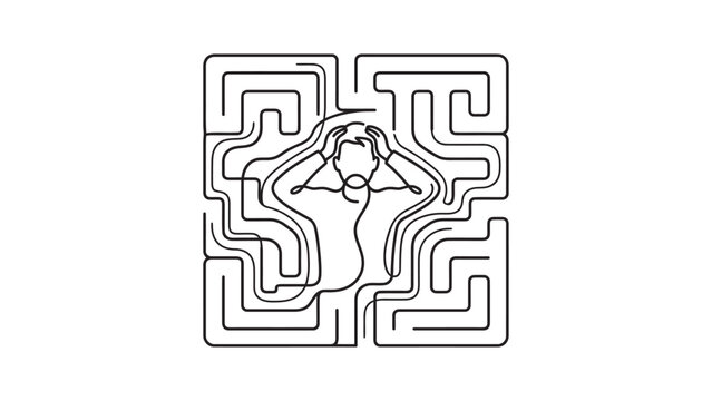 Continuous single line drawing of a stressed person trapped in a complex square maze.