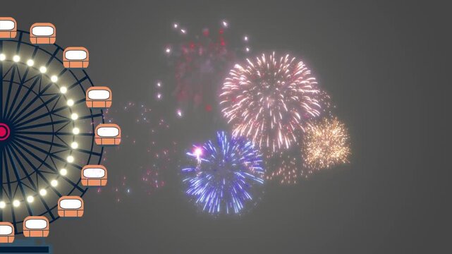 Ferris wheel rotates on the left side of the frame while colorful fireworks illuminate the dark night sky in this festive scene for an amusement park promotion.