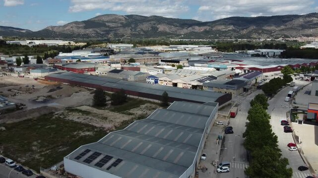 Flying over the Castalla industrial estate in Spain, with the Sierra de Mariola in the background.