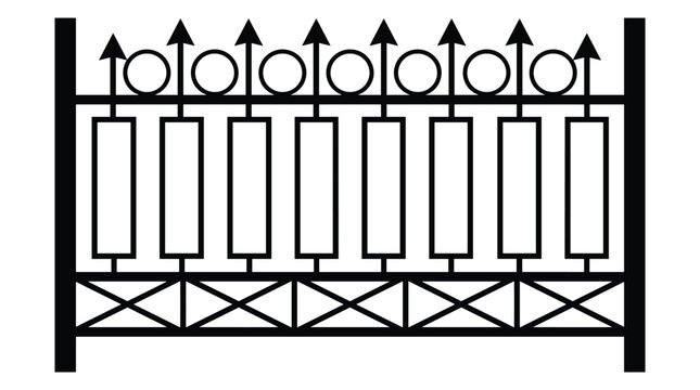 Black outline ornate wrought iron fence section with circle and arrow top design on transparent background.