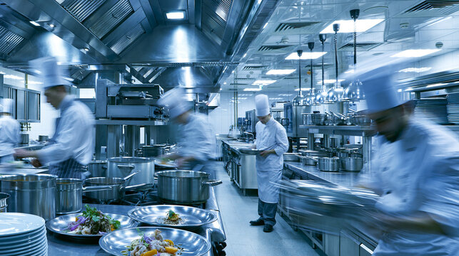 Chefs in white uniforms prepare dinner plates within a large commercial kitchen.