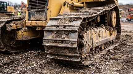 Fototapeta premium Close‑up bulldozer tracks, heavy metal links caked in mud, rugged industrial texture, active construction site backdrop, workers and equipment, raw power of earthmoving machinery.