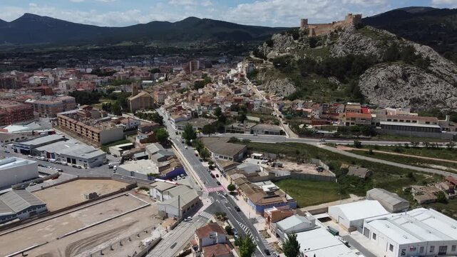 Flying over the Castalla industrial estate in Spain, with the Moorish castle in the background.