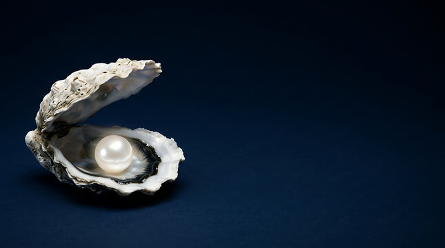 Elegant white pearl nestled within an open iridescent oyster shell on a deep blue background