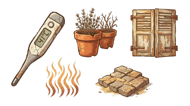 Set of extreme heat weather icons featuring broken thermometer pots shutter stone ground