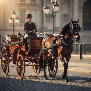 Elegant Horse Drawn Carriage Moving Through Historic City Street