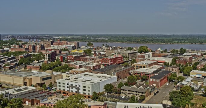 Memphis Tennessee Aerial v8 pan right shot featuring the riverside low rise residential at south main area, downtown high rise skyscrapers in distance - Shot with Inspire 2, X7 camera - August 2020