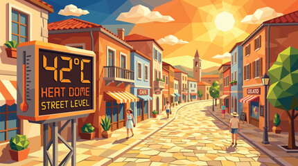 Obraz premium Sunny street in european old town with heatwave sign showing temperature forty two