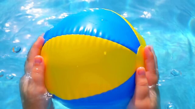 Close-up hands cupping blue and yellow beach ball at sunlit pool surface with bright splashes, ripples, turquoise water, glossy vinyl texture, and summer recreation mood