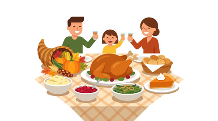 Fototapeta premium Joyful family celebrating thanksgiving with a delicious dinner of turkey, cornucopia, pumpkins, and more. Perfect for holidayrelated designs.