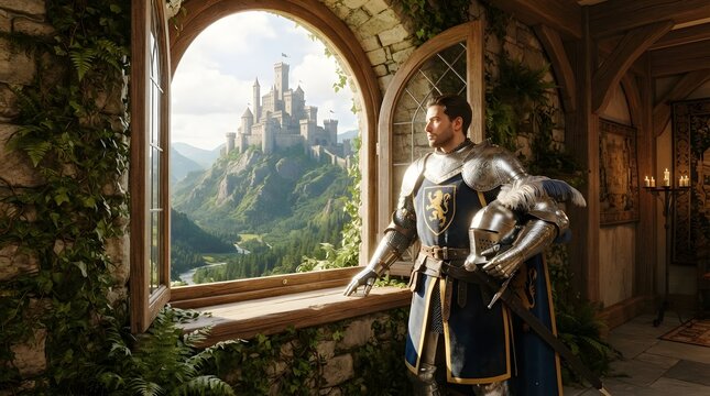 Epic fantasy art of a noble knight in silver armor standing by a large wooden window inside a sunlit fortress overlooking a mountain castle.