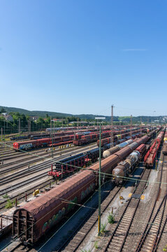 Large Freight Rail Yard with Railcars in the Ruhr Area, North Rhine-Westphalia, Germany Vertical