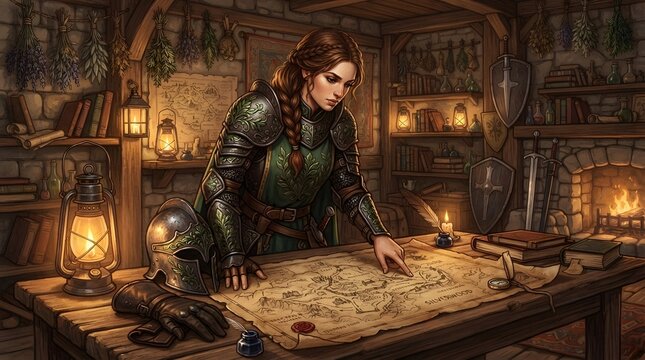 Beautiful digital painting of a female knight studying a tactical map inside a cozy wooden study filled with books, lanterns, and hanging herbs.